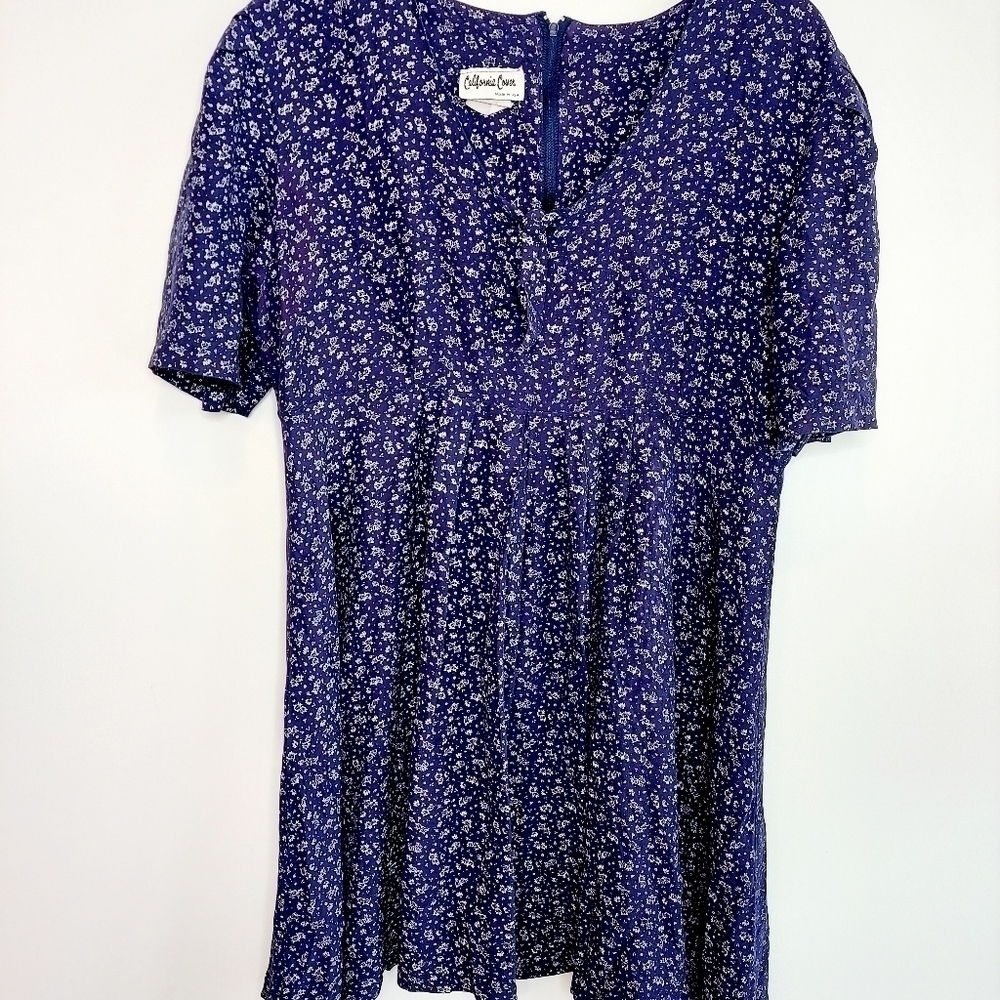 Vintage California Cover Y2K Babydoll Dress Navy Blue Floral Made in the USA